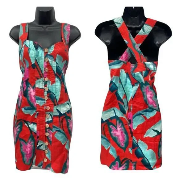 Farm Rio dress size XL Summer Foliage linen mini‎ red floral resort - Picture 3 of 8